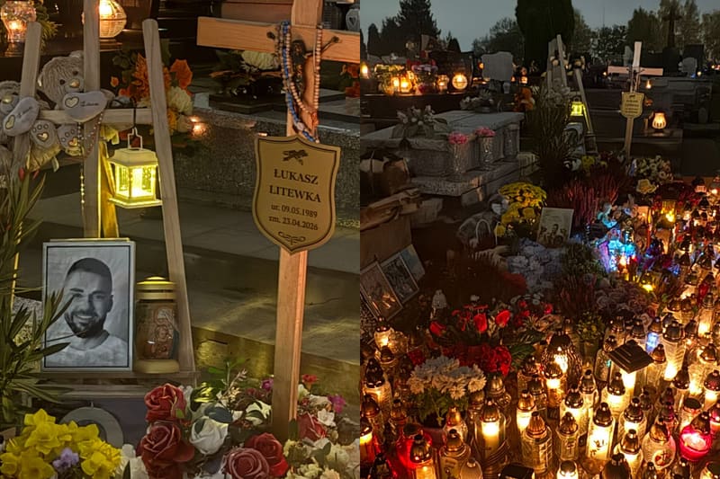 Grób posła Łukasza Litewki zasypany zniczami i kwiatami, porusza dedykacja rodziców
