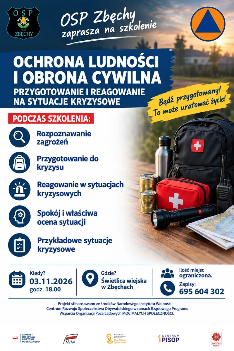 OSP Zbęchy zaprasza na szkolenie z obrony cywilnej 3 listopada, miejsca ograniczone