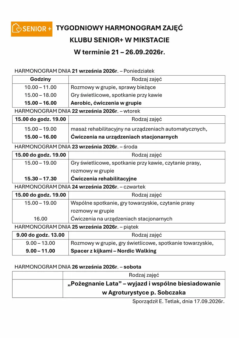 Tygodniowy harmonogram zajęć Klubu Senior+ w Mikstacie na 21–26 września 2026 roku