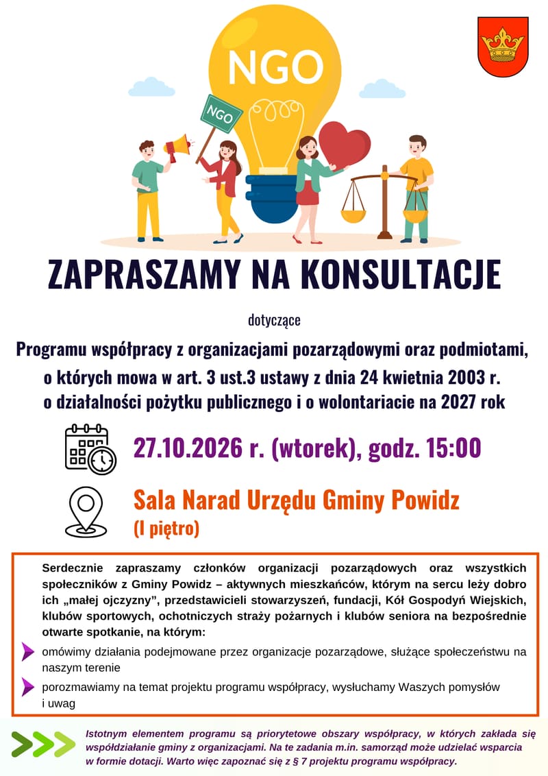 Gmina Powidz zaprasza NGO na konsultacje programu na 2027 rok