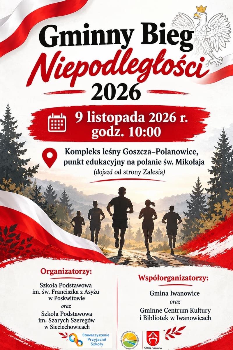 Gminny Bieg Niepodległości 9 listopada 2026: start dla uczniów szkół podstawowych w Goszczy